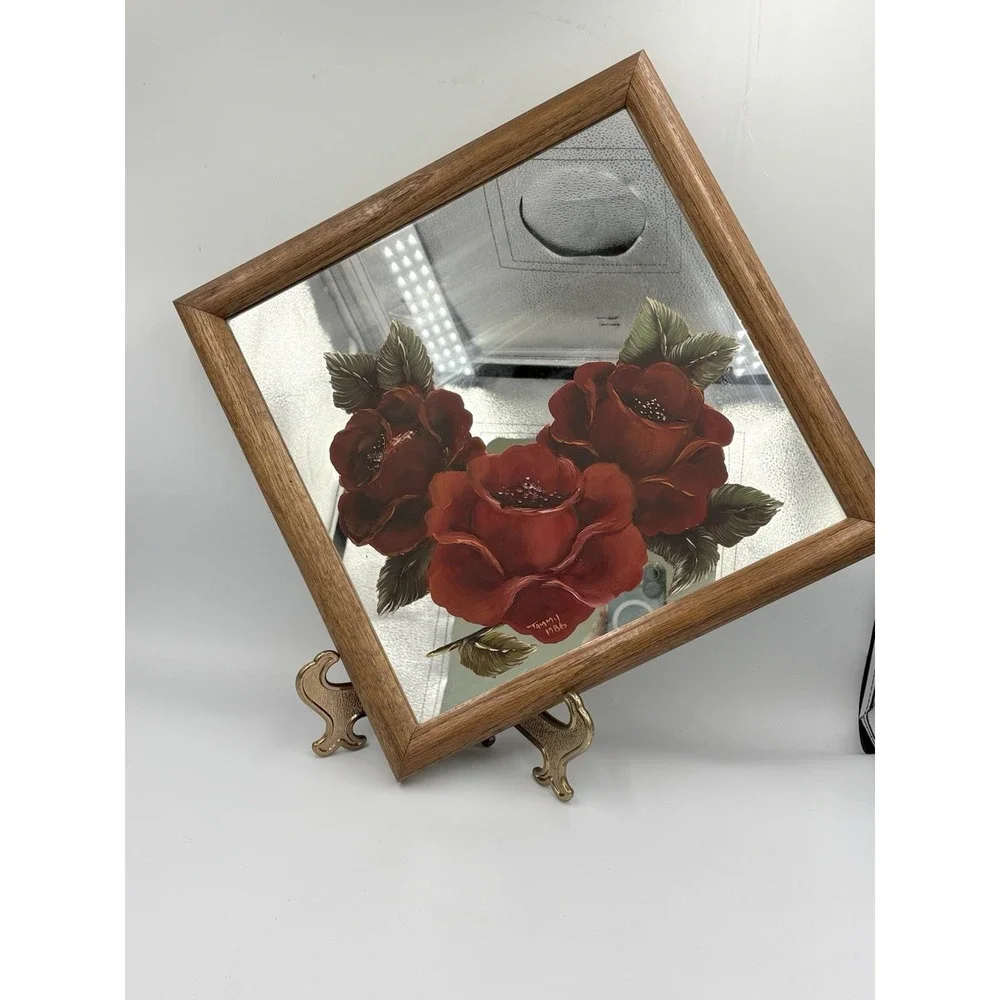 VTG  Hand Painted, Red Rose Wood‎ Framed Mirror Picture  Flaw Read 13